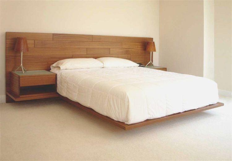 wooden floating bed with long headboard