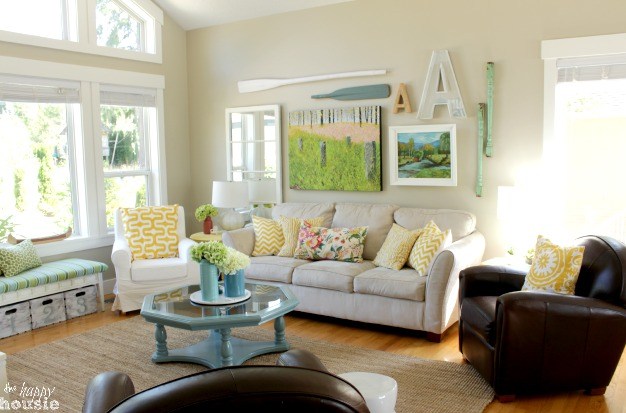 beachy style summer lake house living room