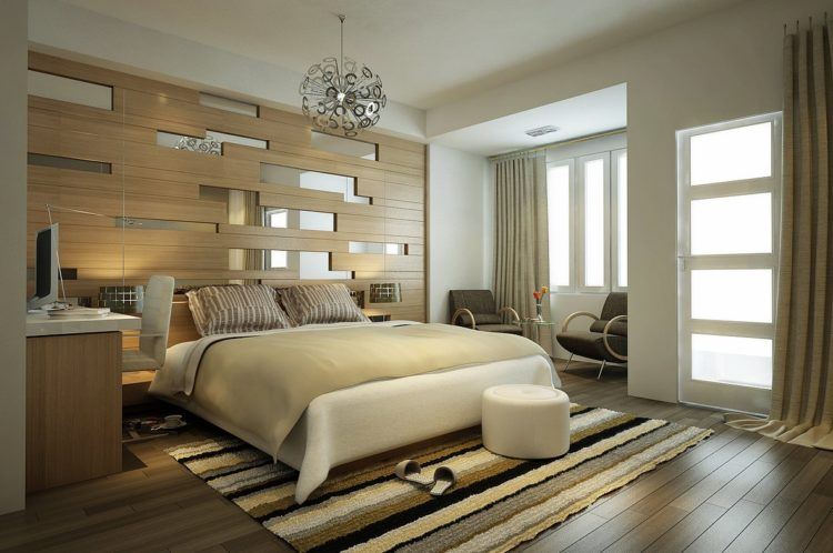 modern bedroom with cool hanging lamp