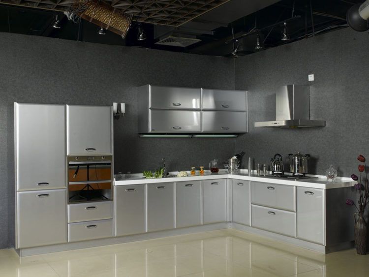 modern kitchen with metal cabinets