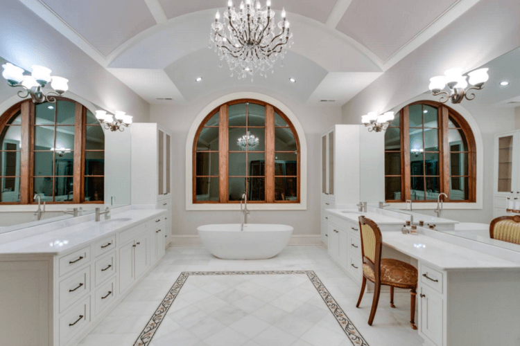 large bathroom with chandelier