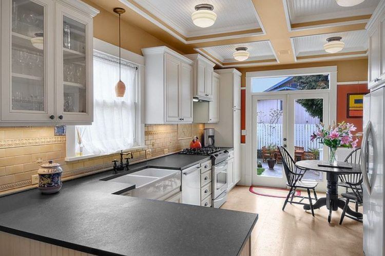 large kitchen with slate countertops