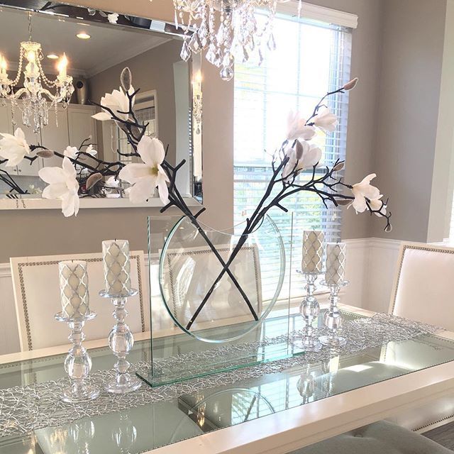 dining table with glass centerpiece