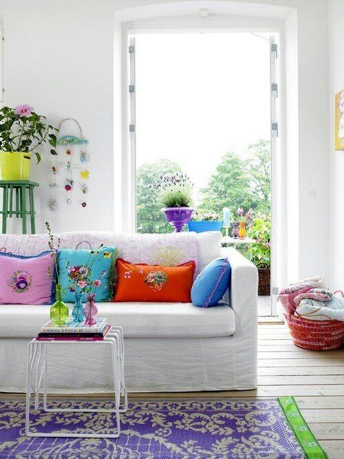 living room with colorful pillows