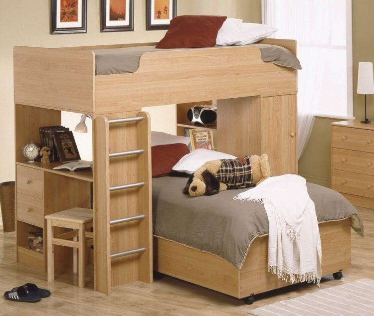 contemporary wooden bunk bed with desk