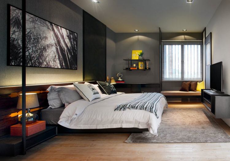 bedroom with cool gray walls