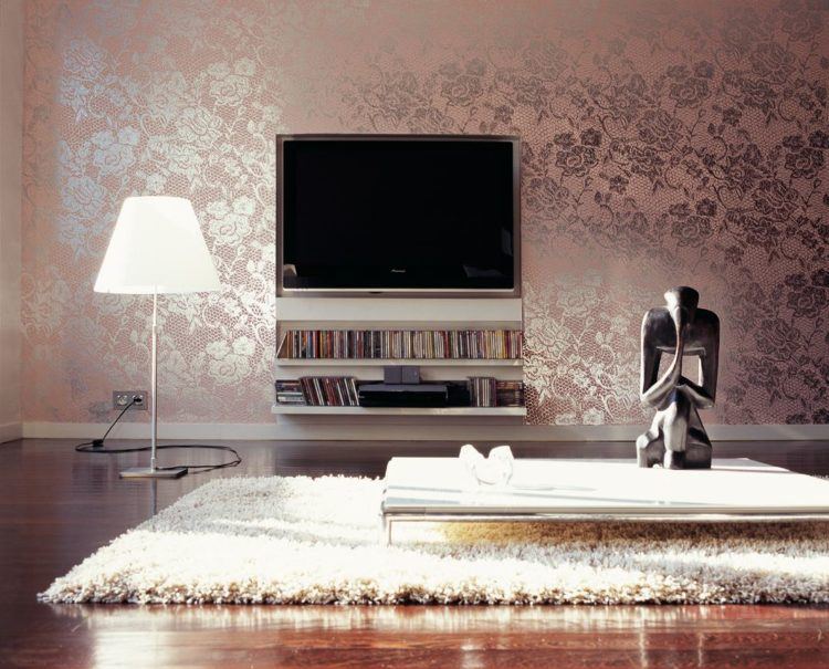 living room with patterned wallpaper