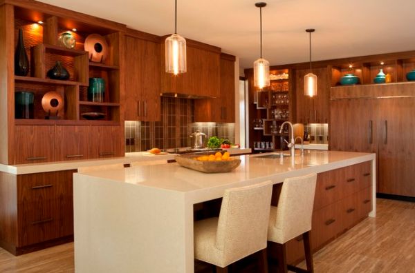 kitchen with nice hanging lamps