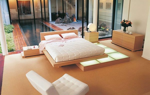 wooden bed with lights