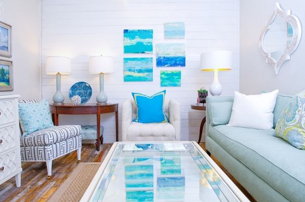 living room with blue decor