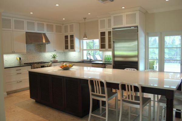 white top kitchen with steel chairs