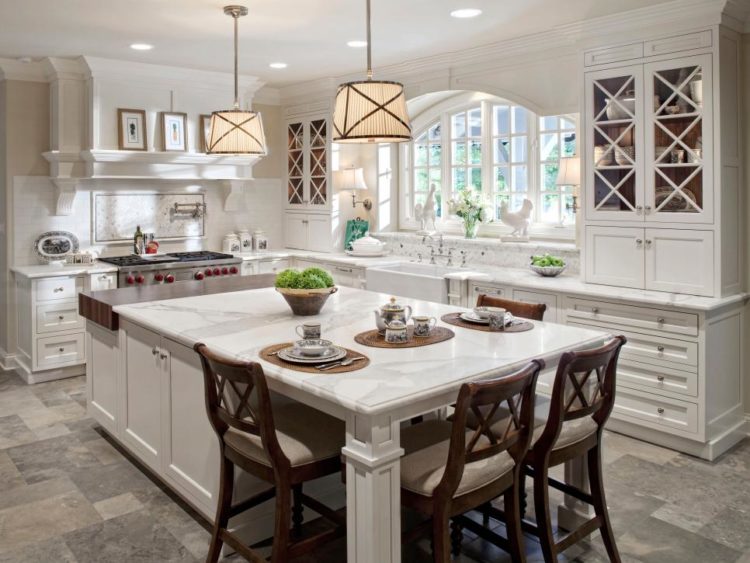 beautiful white kitchen with hanging lamps