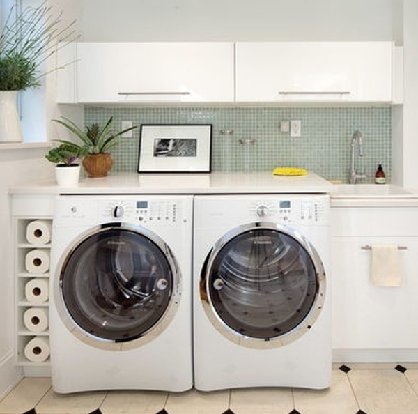 small laundry room with white cabinets