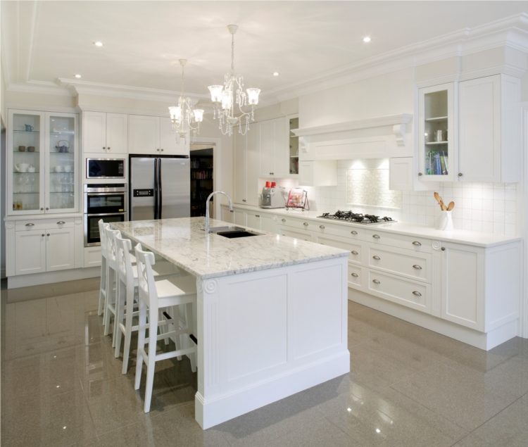 white kitchen with island seating