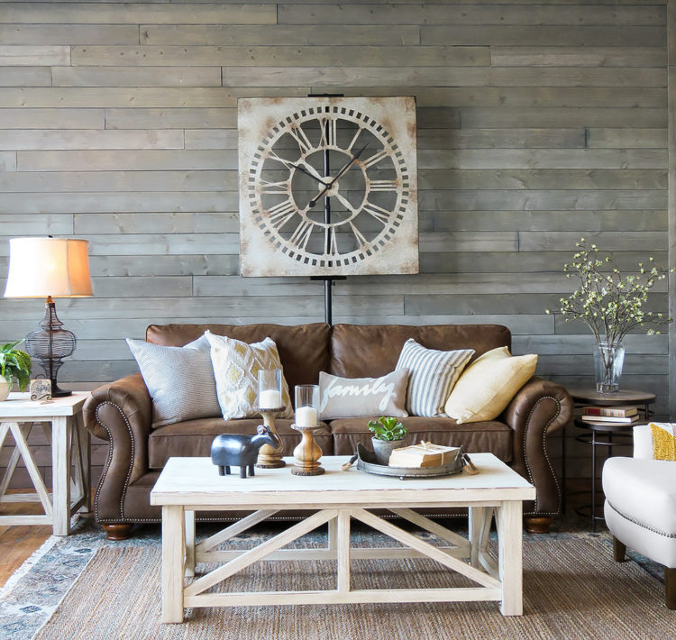 farmhouse living room with brown sofa