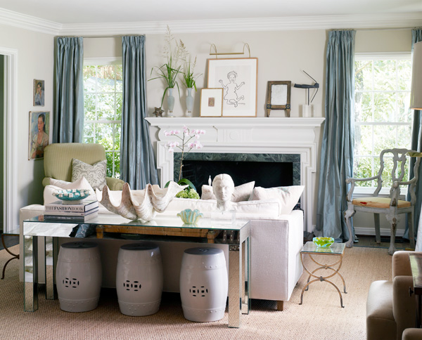 living room with sofa & console tables