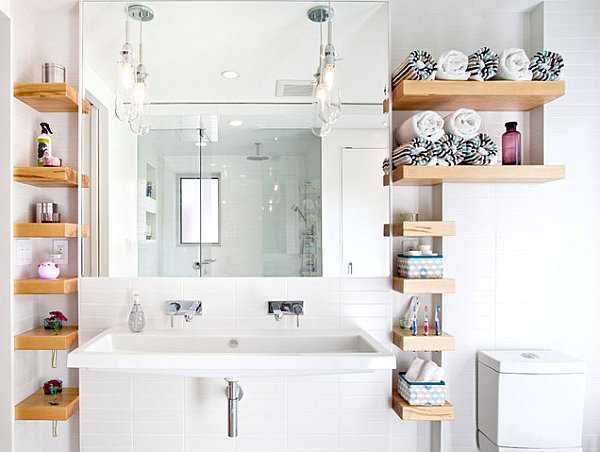 wooden bathroom storage shelves