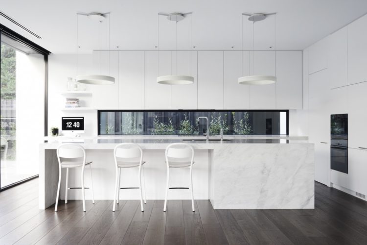 kitchen with white marble island