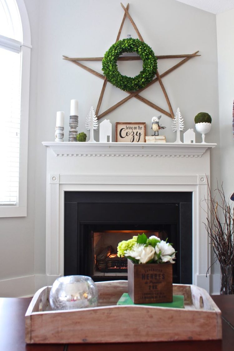 winter inspired mantel decor