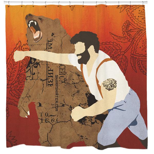 man punching bear on shower curtain