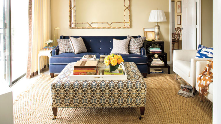 living room with beautiful blue couch