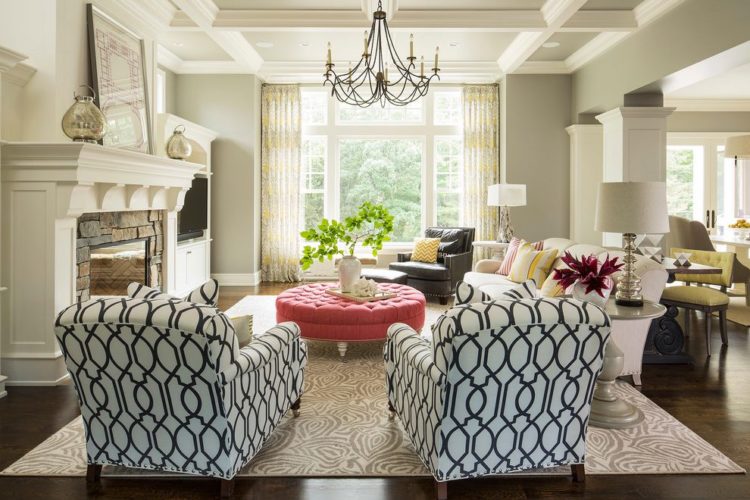 beautiful contemporary living room with chandelier