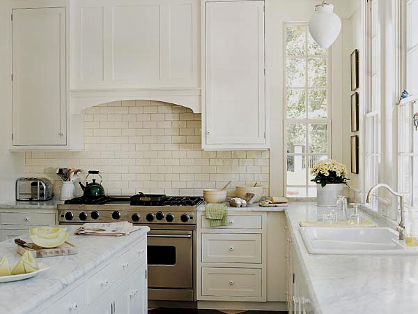 kitchen with white subway tile