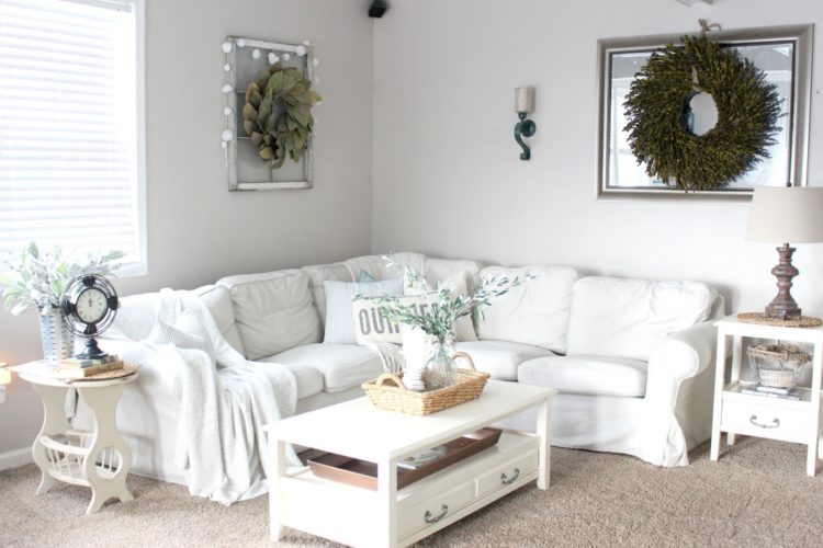 living room with white furniture