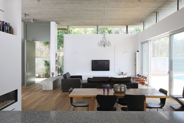 beautiful sleek living room with clerestory windows