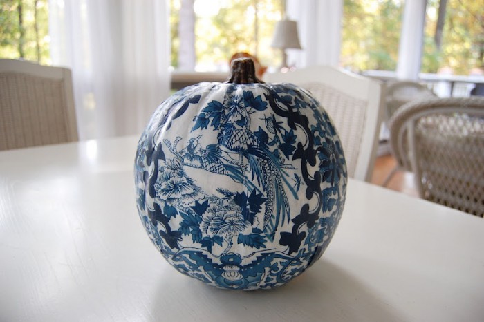 blue and white pumpkin decor