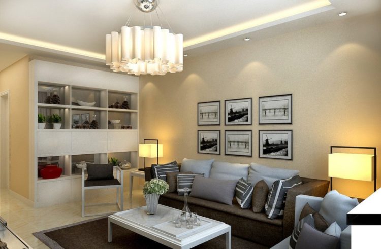 modern living room with hanging lamp