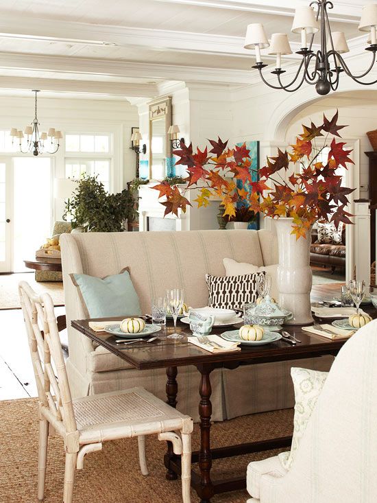 coastal dining room with fall table decor