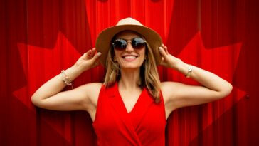 Woman in Red Sleeveless Dress With Canada Flag Printed Background