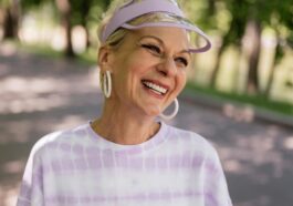 Smiling elderly woman enjoying a sunny day outdoors wearing a stylish sun visor.