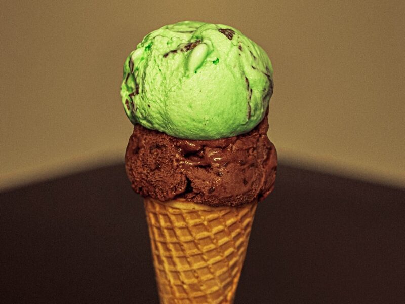 green ice cream on brown cone