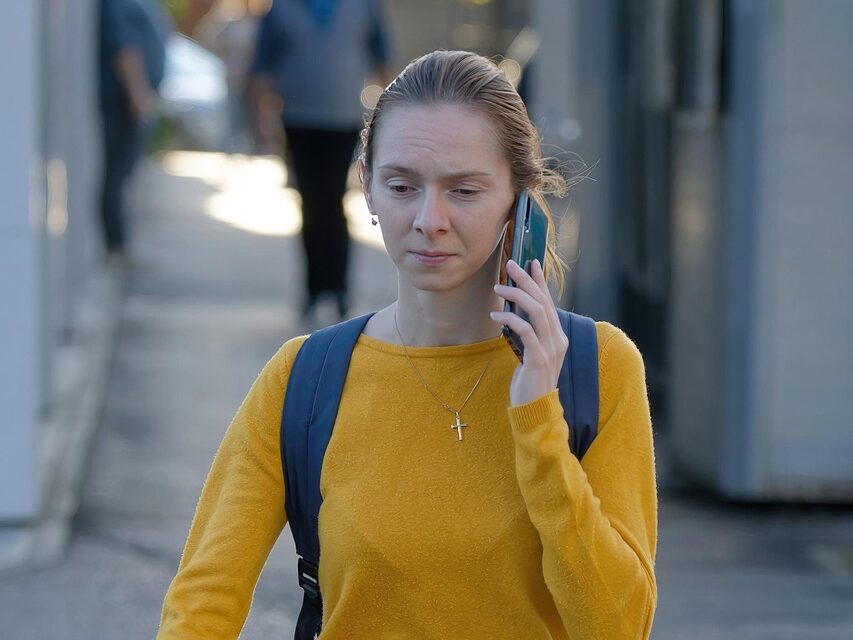 woman, casual, backpack, talking, phone, crossing, street, urban, people