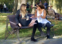 girls, friends, bench, sitting, together, talking, park, nature, autumn, leaves, lifestyle, people