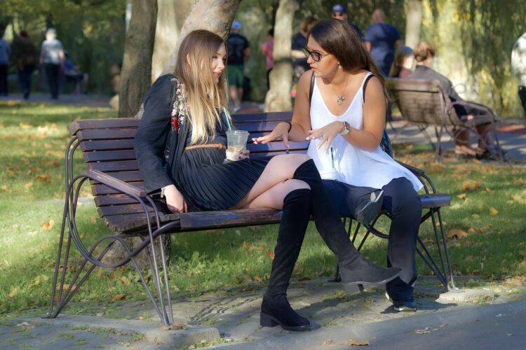 girls, friends, bench, sitting, together, talking, park, nature, autumn, leaves, lifestyle, people