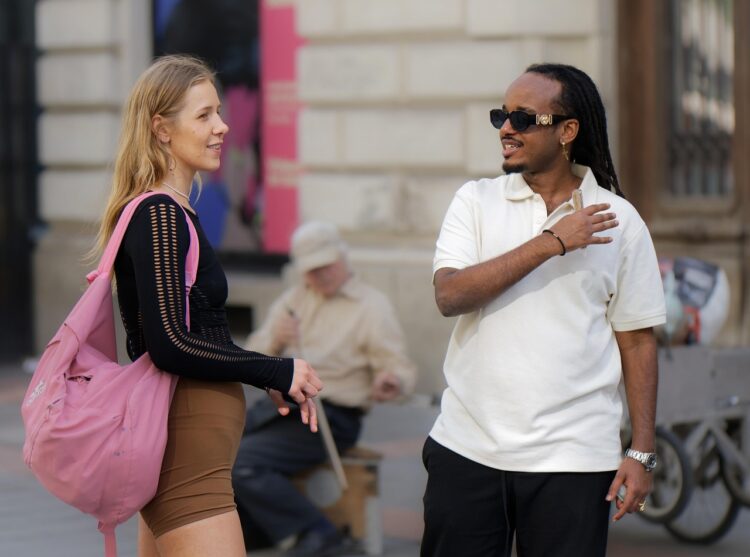 woman, man, young, sunglasses, outdoors, talking, street, urban, lifestyle, people