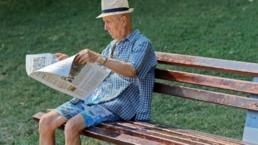 old man, elderly, bench, reading, newspaper, nature, senior, hat, grass, summer, people, outdoors