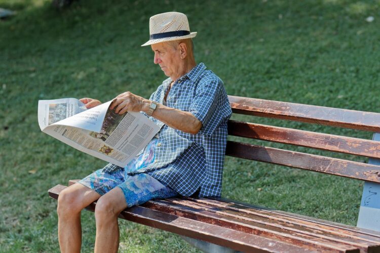old man, elderly, bench, reading, newspaper, nature, senior, hat, grass, summer, people, outdoors