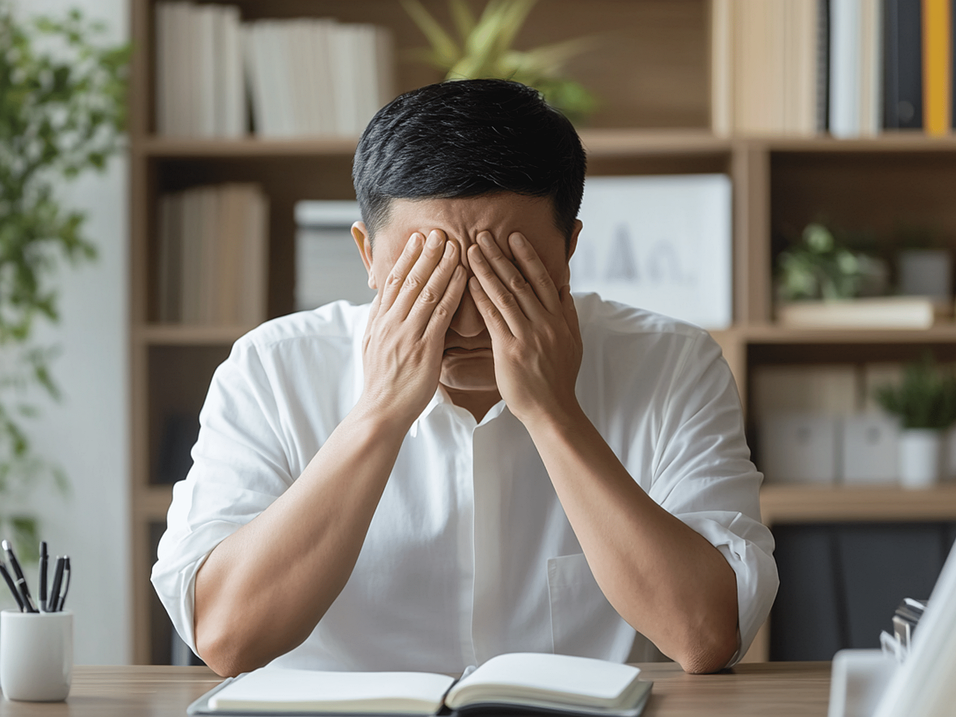 ai generated, man, stress, mistake, failure, error, wrong, mess, sad, false, problem, incorrect, tired, sleepy, exhausted, lazy, tension, headache, anxiety, depression, person, depressed, alone