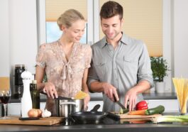 happy valentines day, woman, man, kitchen, food preparation, couple, relationship, together, cooking, pair, cutting, chopping, everyday life, blonde, cutting board, vegetables, happy couple, stove, cook, knife, noodles