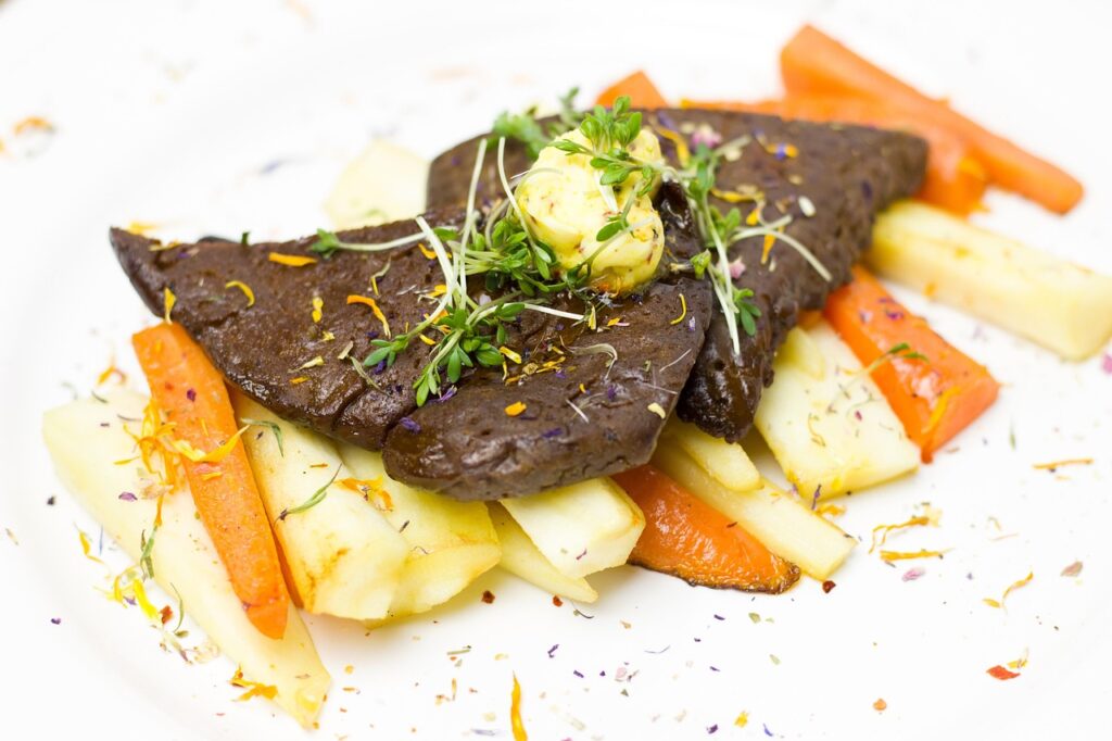 vegetables, seitan, schnitzel, vegetarian, vegan, meatless, healthy, carrot, root vegetable, meal, cook, food, dish, plate, butter, herbs, blossoms, yummy, seitan, seitan, seitan, seitan, seitan