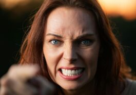 Close-up of a woman showing strong anger with clenched teeth and intense gaze outdoors.