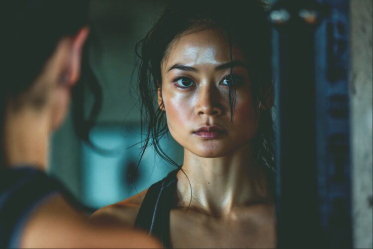 A woman looking at herself in the mirror