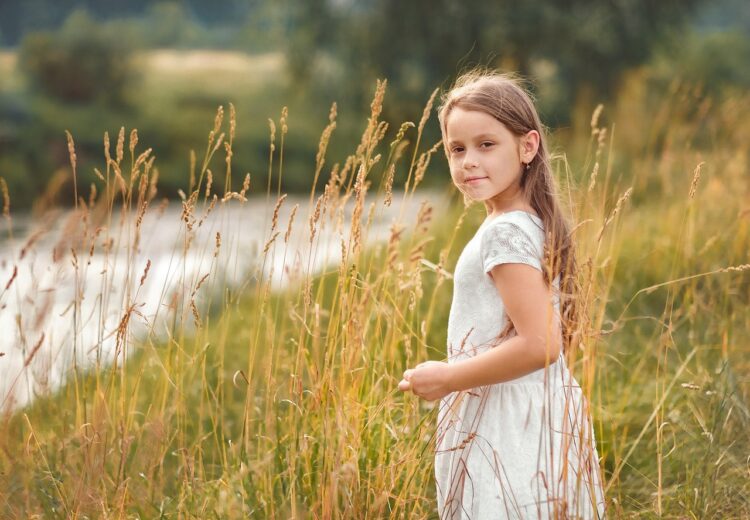 girl, child, nature, childhood, summer, field, grass, wind