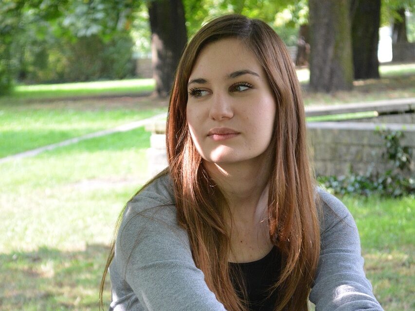 girl, brunette, woman, person, thoughtful, brown hair, nature, pretty, serious, to sit