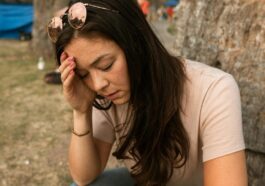 An anxious woman outdoors touching her forehead, showing stress and mental exhaustion.