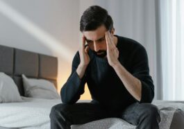 A man in a black sweater sits on a bed, expressing frustration in a bedroom.